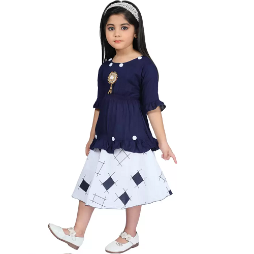 Girls Below Knee Festive/Wedding Dress  (Blue, 3/4 Sleeve)