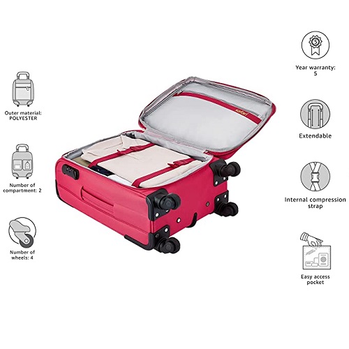 Safari Prisma 55 Cms Polyester Red Cabin 4 wheels Soft Suitcase