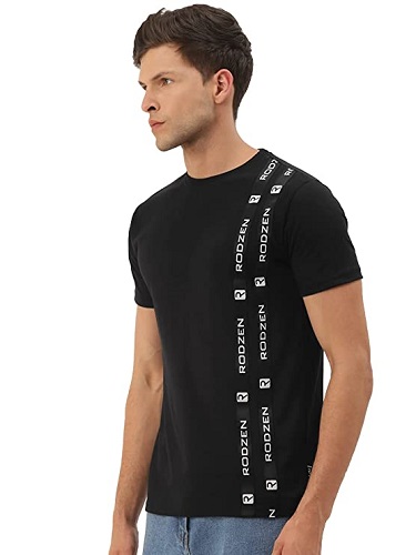 RodZen Men's Cotton Half Sleeve Regular Fit Striped T-Shirt-Black