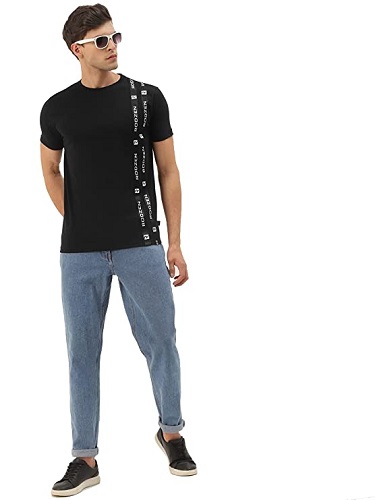 RodZen Men's Cotton Half Sleeve Regular Fit Striped T-Shirt-Black