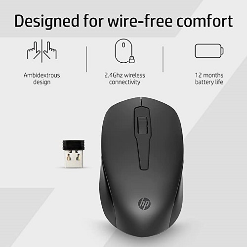HP 150 Wireless Mouse with Ergonomic and ambidextrous Design, 1600 DPI Optical Tracking, 2.4 GHz Wireless connectivity, Dual-Function Scroll Wheel and 12 Month Long Battery Life. 3-Years Warranty.