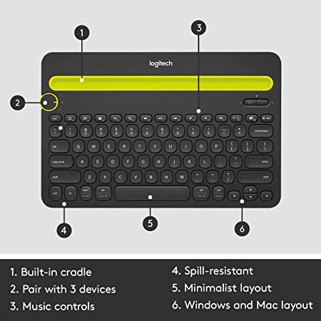 Logitech K480 Wireless Multi-Device Keyboard for Windows, Apple iOS android or Chrome, Wireless Bluetooth, Compact Space-Saving Design, PC/Mac/Laptop/Smartphone/Tablet- Black