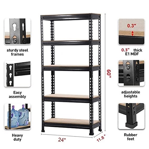 Tormeti Black Adjustable 5 Compartment Shelf Metal Shelving Unit Storage Organiser Dish Garage Shelves,60 inches Height 1-Pack with Small Hammer ({5 - Section } 5'[H] X 2'[L] X 1'[D])