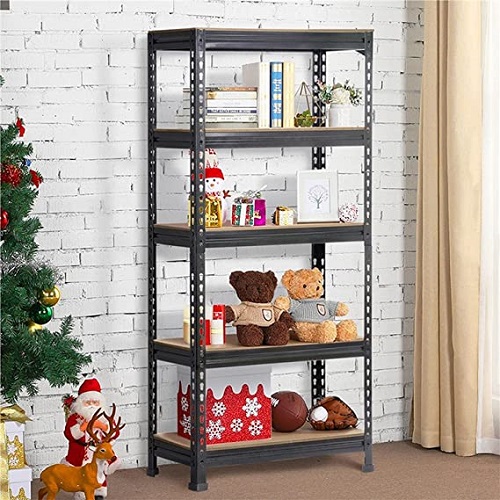 Tormeti Black Adjustable 5 Compartment Shelf Metal Shelving Unit Storage Organiser Dish Garage Shelves,60 inches Height 1-Pack with Small Hammer ({5 - Section } 5'[H] X 2'[L] X 1'[D])