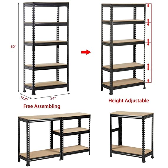 Tormeti Black Adjustable 5 Compartment Shelf Metal Shelving Unit Storage Organiser Dish Garage Shelves,60 inches Height 1-Pack with Small Hammer ({5 - Section } 5'[H] X 2'[L] X 1'[D])