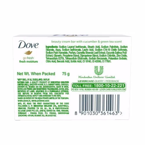 Dove Go Fresh Moisture Cucumber & Green Tea Beauty Bathing Bar, Has 1/4th Moisturizing Cream, 75 g