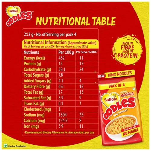 Saffola Oodles Ring Noodles - Yummy Masala, No Maida, Ready In 5 Mins, 2x212 g Multipack