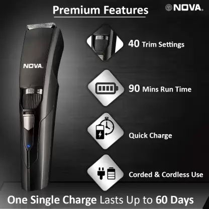 NOVA NHT 1052 USB Trimmer 90 min Runtime 40 Length Settings  (Black)