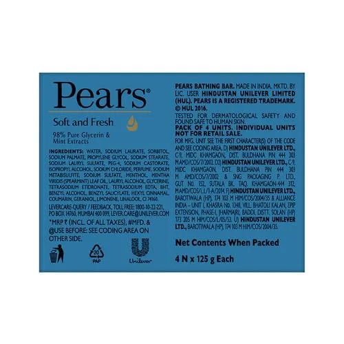 Pears Soft & Fresh Glycerine & Mint Extracts Bathing Bar, 98% Pure Glycerine & Mint, 125 g (Pack of 4)