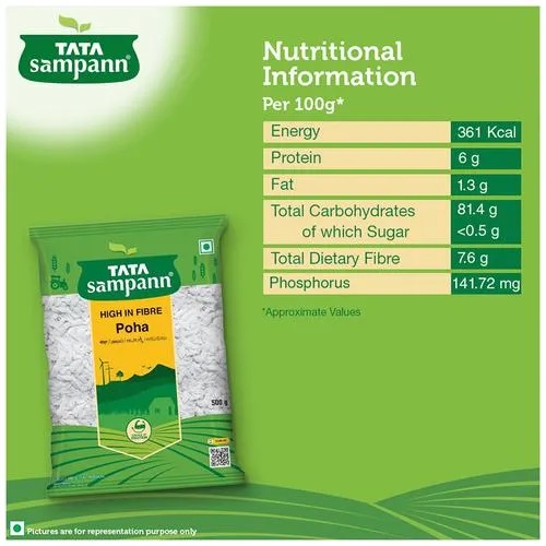 Tata Sampann High In Fibre Thick Poha - Flattened & Beaten Rice, Makes Breakfast & Teatime Snack, 500 g