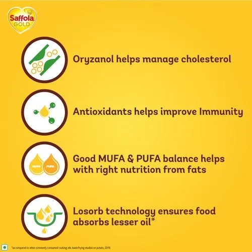 Saffola Gold Refined Cooking oil | Blended Rice Bran & Sunflower oil | Helps Keeps Heart Healthy, 1 L Pouch