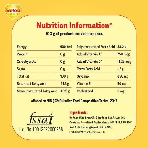 Saffola Gold Refined Cooking oil | Blended Rice Bran & Sunflower oil | Helps Keeps Heart Healthy, 1 L Pouch