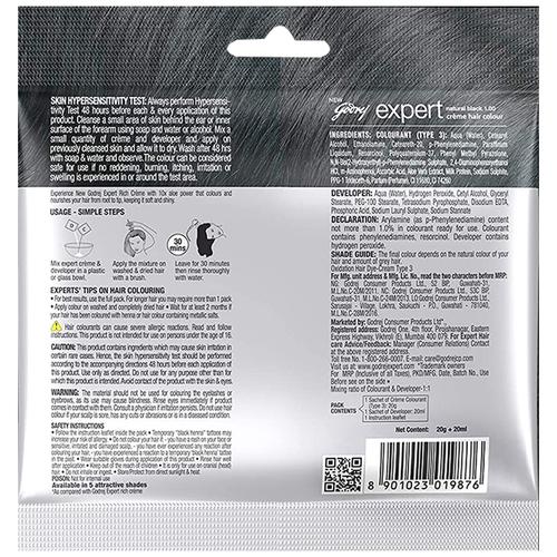 Godrej Expert Rich Creme Hair Colour - Single Use, Long Lasting, 100% Grey Coverage (20 g + 20 ml), 1 pc Shade 1 Natural Black