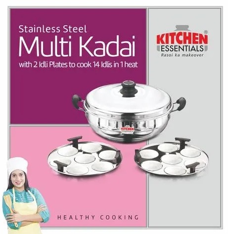 Kitchen Essentials Stainless Steel Multi Kadai - With 2 Idli Plates, Induction Bottom, Makes 14 Idlis, Sturdy, 3 L