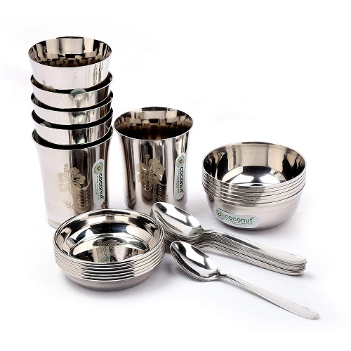 Coconut Stainless Steel Dinner Set/Dinnerware - Laser Engrave Design, Stylish, Durable, 30 pcs