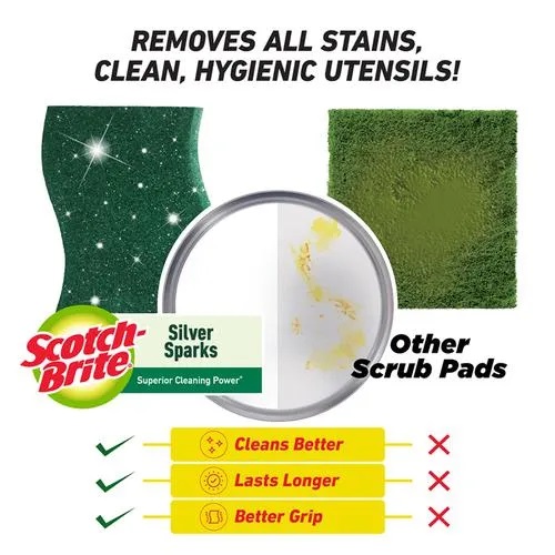Scotch brite Silver Sparks Scrub Pad- Scrubber for Utensil cleaning, 6 pcs