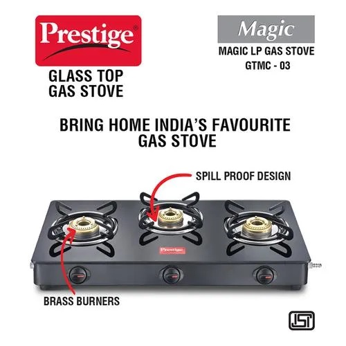 Prestige 3 Burner Gas Stove - Magic Glass Tables, GTMC 03 (40184/401842), 1 Pc