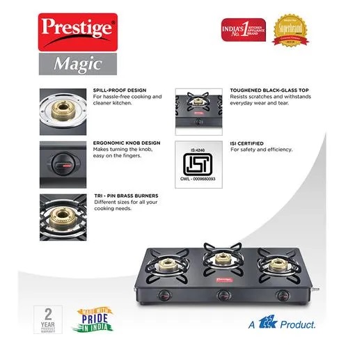 Prestige 3 Burner Gas Stove - Magic Glass Tables, GTMC 03 (40184/401842), 1 Pc