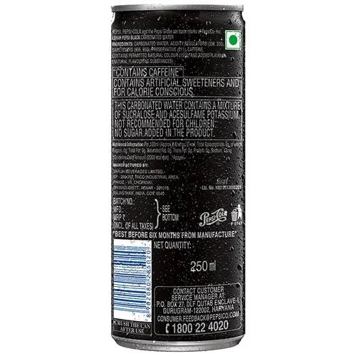 Pepsi Black Soft Drink - Max Taste, Zero Sugar(Diet), 250 ml Can