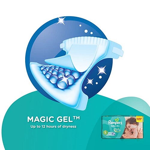 Pampers Baby-Dry Disposable Diapers - Large, 9-14 kg, Magic Gel, Upto 12 Hours of Dryness, 60 pcs Pouch