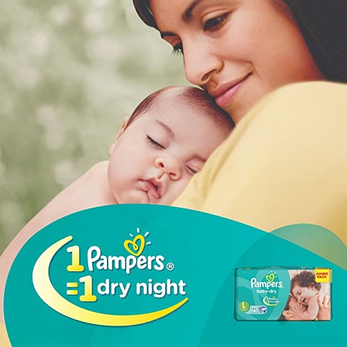 Pampers Baby-Dry Disposable Diapers - Large, 9-14 kg, Magic Gel, Upto 12 Hours of Dryness, 60 pcs Pouch