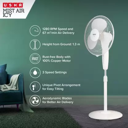 USHA Mist Air Icy 400 mm 3 Blade Pedestal Fan  (White, Pack of 1)