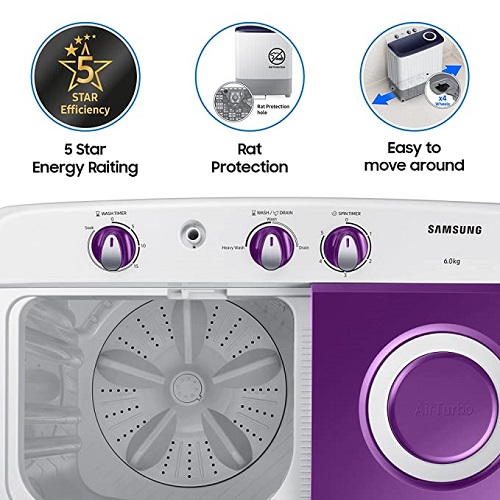 Samsung 6.0 Kg 5 Star Semi-Automatic Top Loading Washing Machine (WT60R2000LL/TL, Light Grey, Center jet technology)