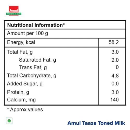 Amul Taaza Homogenised Toned Milk, 6x1 L Multipack