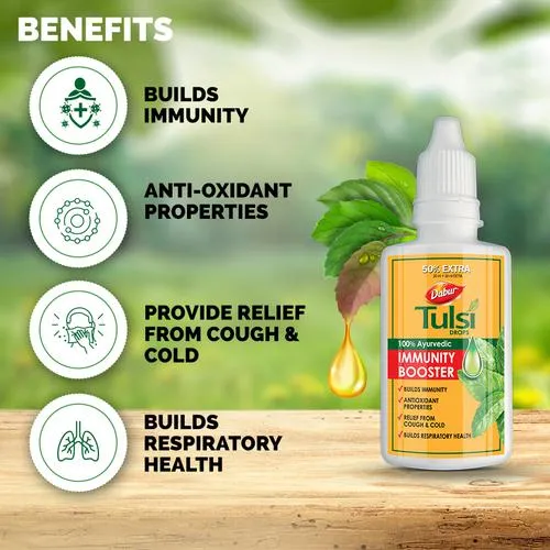 Dabur Tulsi Drops - 100% Ayurvedic Immunity Booster, Cough & Cold Relief, 5 Tulsi Extracts, 20 ml (Get 10 ml Free)