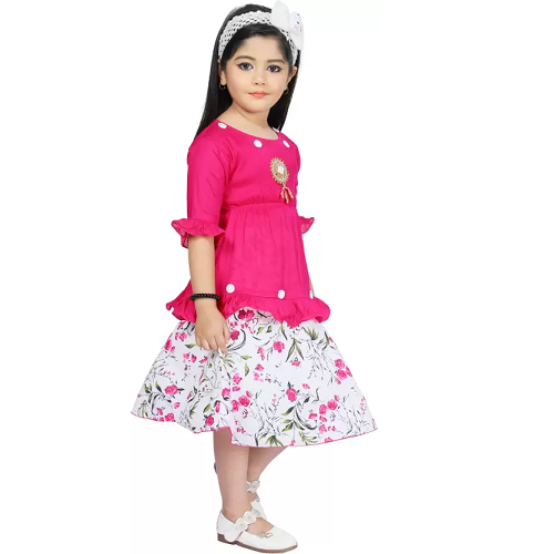 Girls Below Knee Festive/Wedding Dress  (Pink, 3/4 Sleeve)