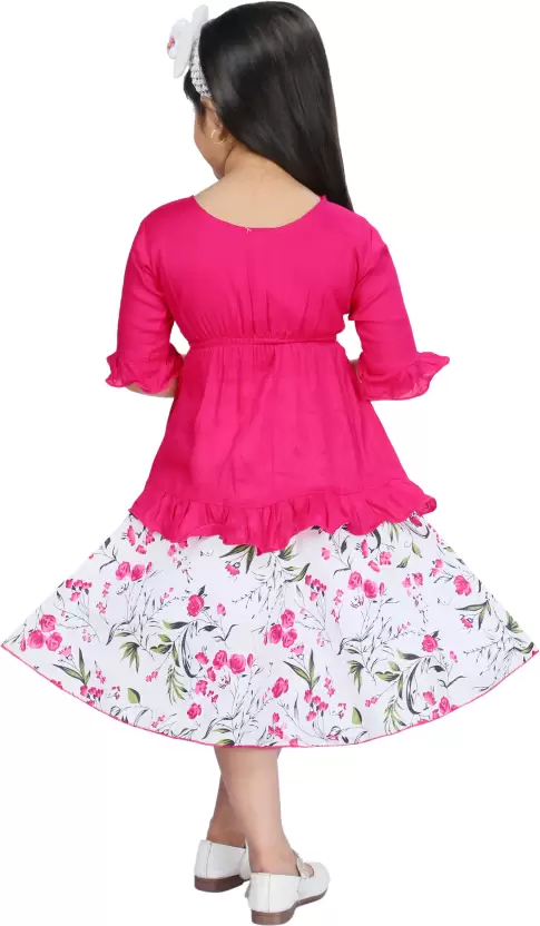 Girls Below Knee Festive/Wedding Dress  (Pink, 3/4 Sleeve)