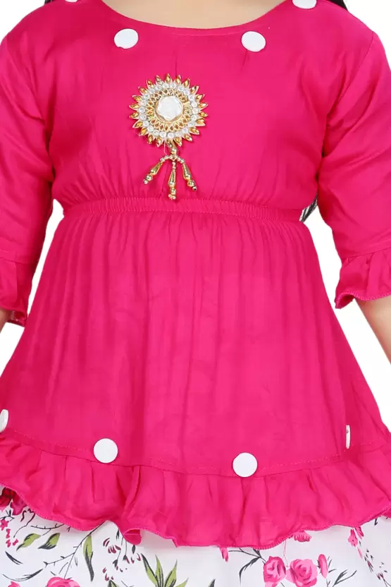 Girls Below Knee Festive/Wedding Dress  (Pink, 3/4 Sleeve)